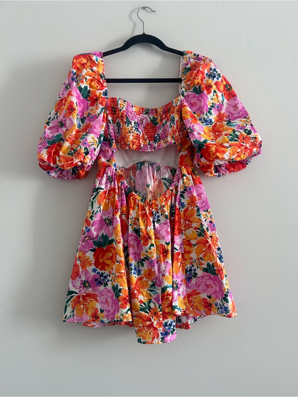 Altar'd State Floral puff sleeve cut out back cotton blend Mini Dress - Picture 7 of 10